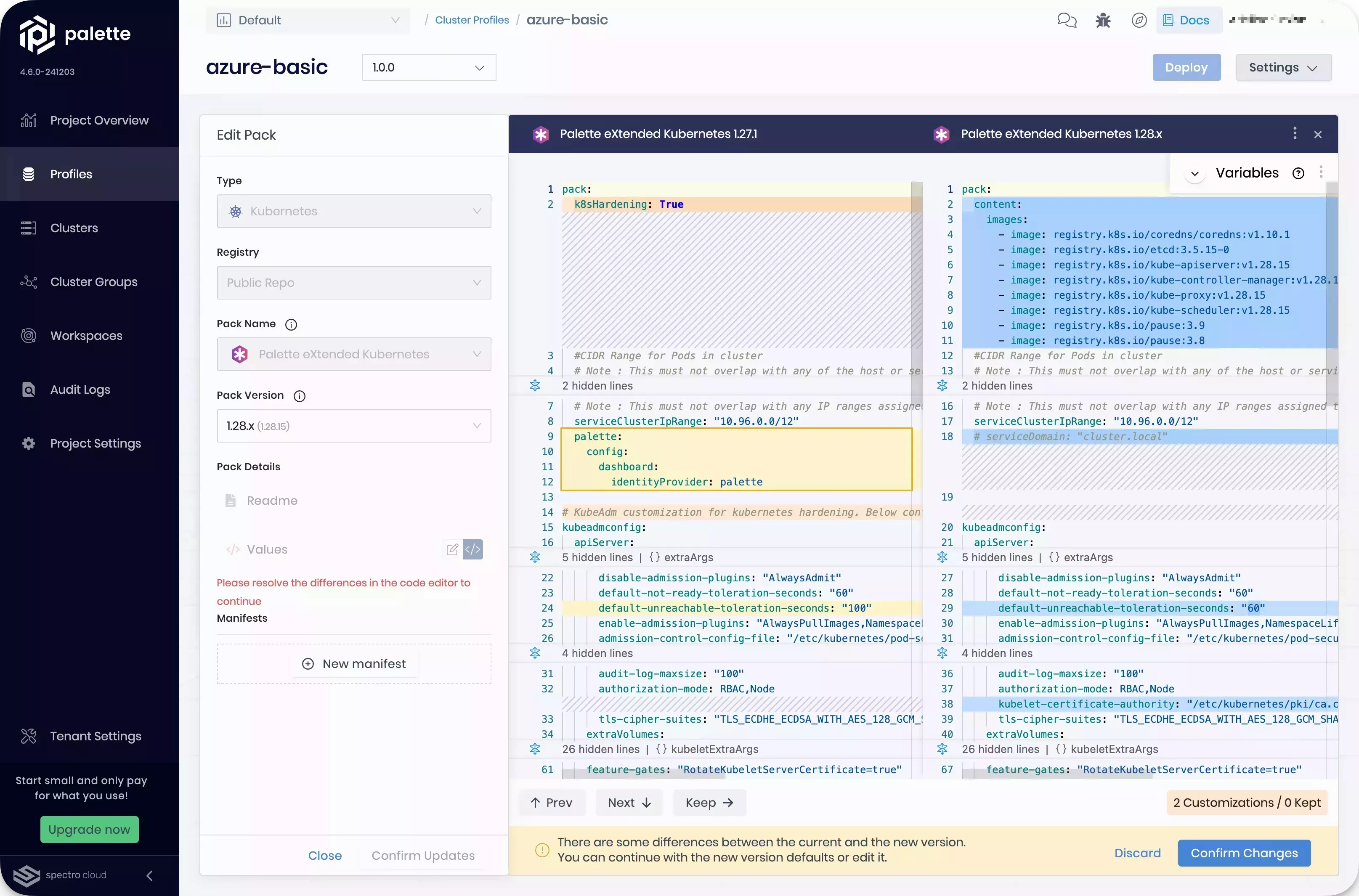 Screenshot that shows Palette's pack diff user interface with yellow highlight at left and blue highlight at right