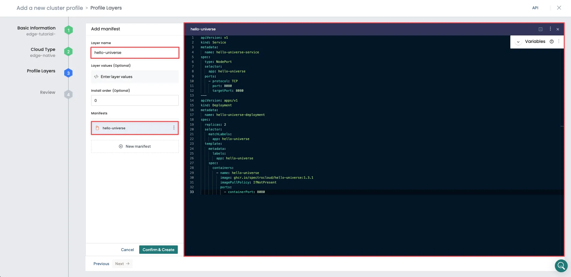 A screenshot of Hello Universe application manifest.